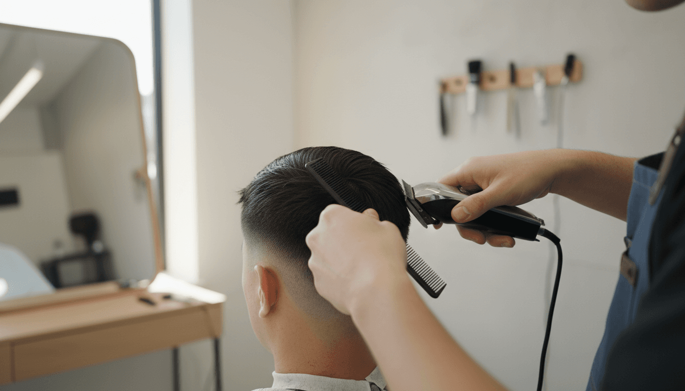Barber trimming a client's hair with clippers in a natural light setting