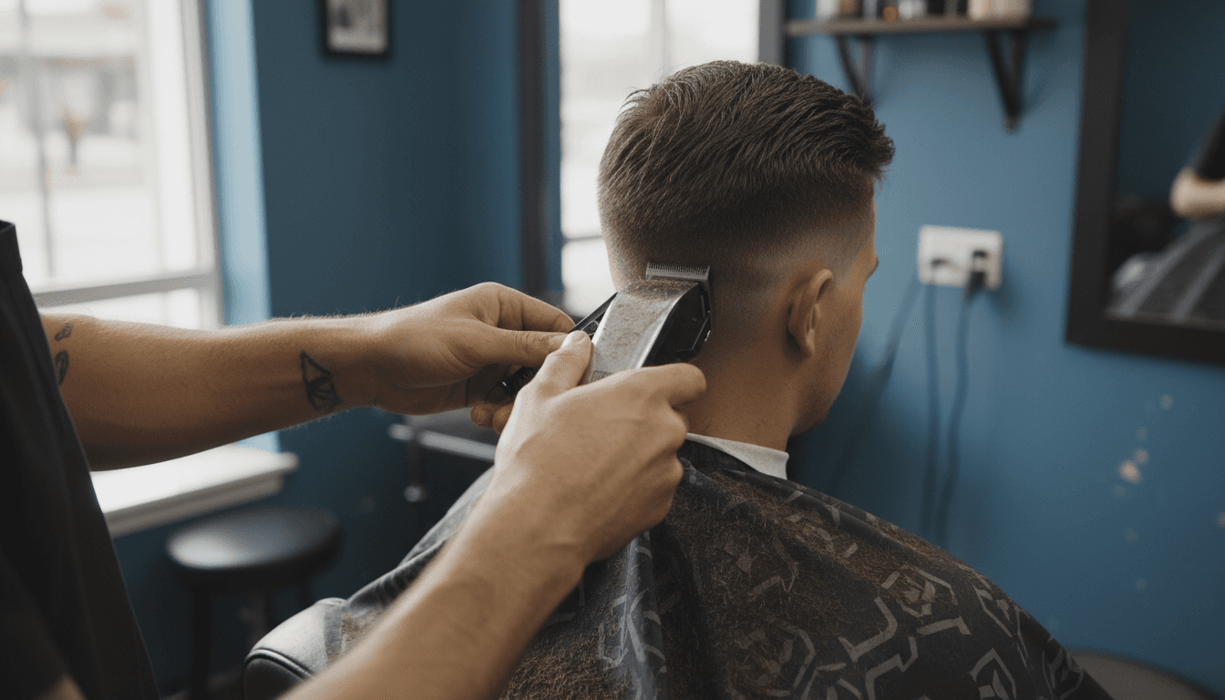Barber giving a fade haircut with clippers in a minimal shop