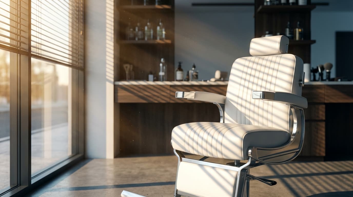 Minimalist barber chair and mirror in a quiet, dimly lit shop