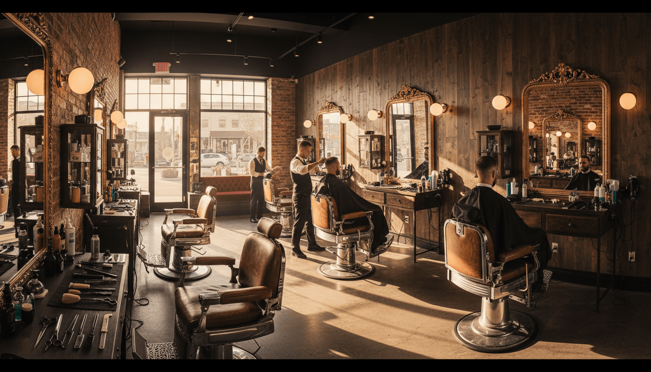 Interior of a barber shop with a leather chair and mirror