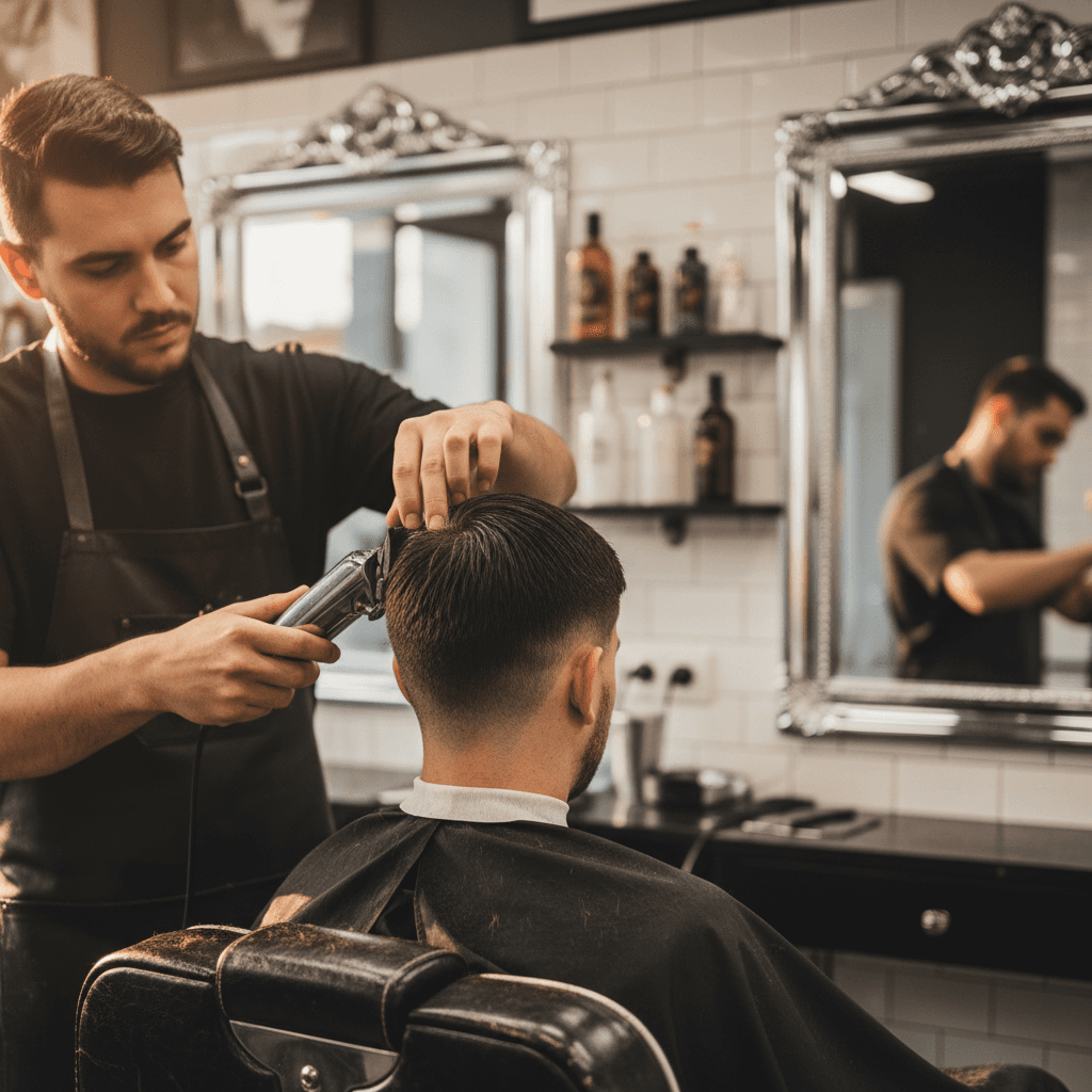 Barber trimming a client's fade haircut in a Miami barbershop