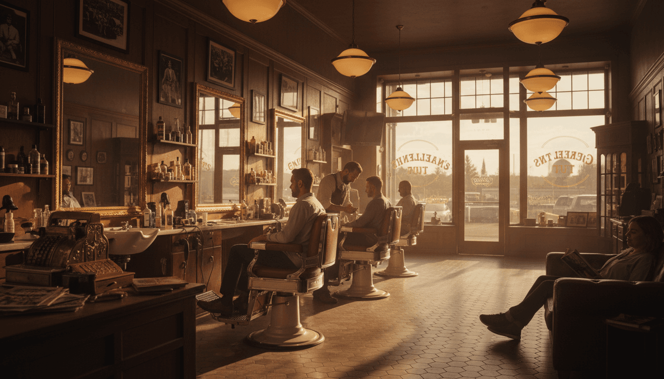 Moody barbershop interior with leather chairs and steel blue accents