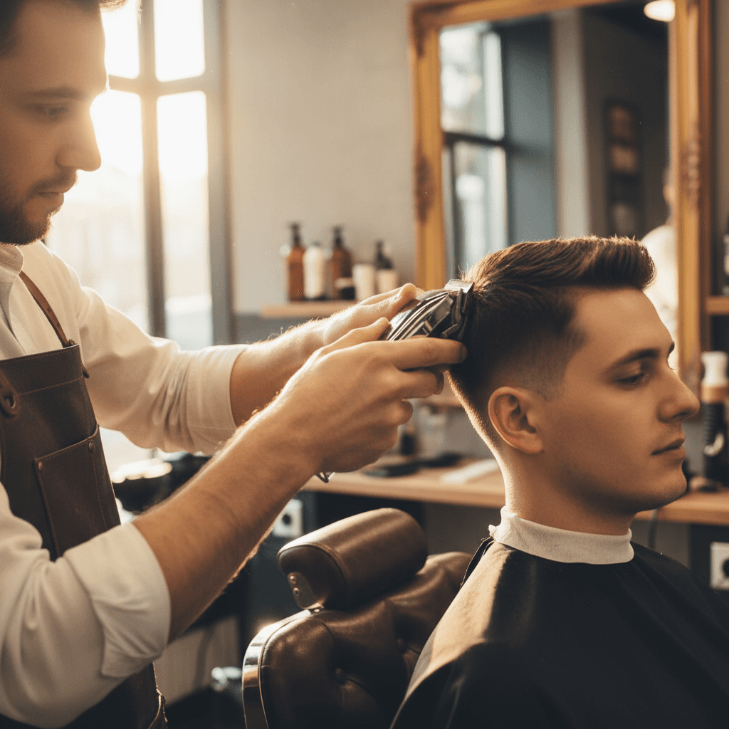 Barber using clippers on a client's fade haircut in a modern shop